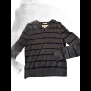 Abercrombie & Fitch Mens Muscle Sweater Large Gray Striped Y2K Preppy V-Neck